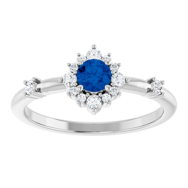 Round Blue Sapphire Halo Ring with Diamond Accents in Platinum