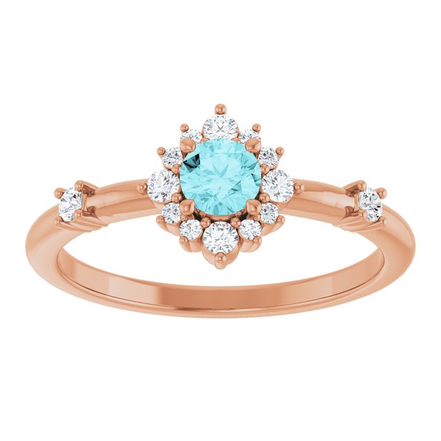 Round Blue Zircon Halo Ring with Diamond Accents in Rose Gold