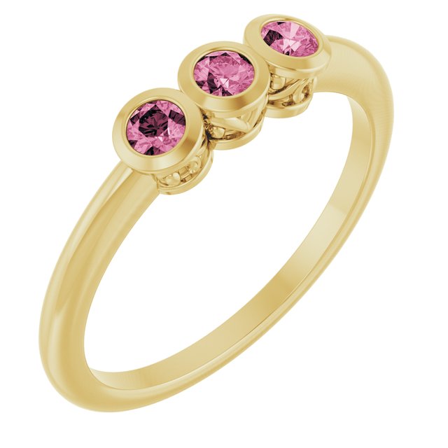 Round Pink Tourmaline Three Stone Ring in Yellow Gold