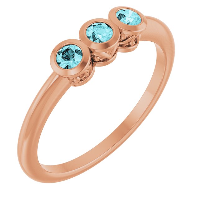 Round Blue Zircon Three Stone Ring in Rose Gold