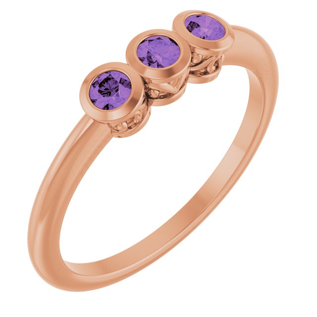 Round Amethyst Three Stone Ring in Rose Gold