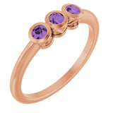 Round Amethyst Three Stone Ring in Rose Gold