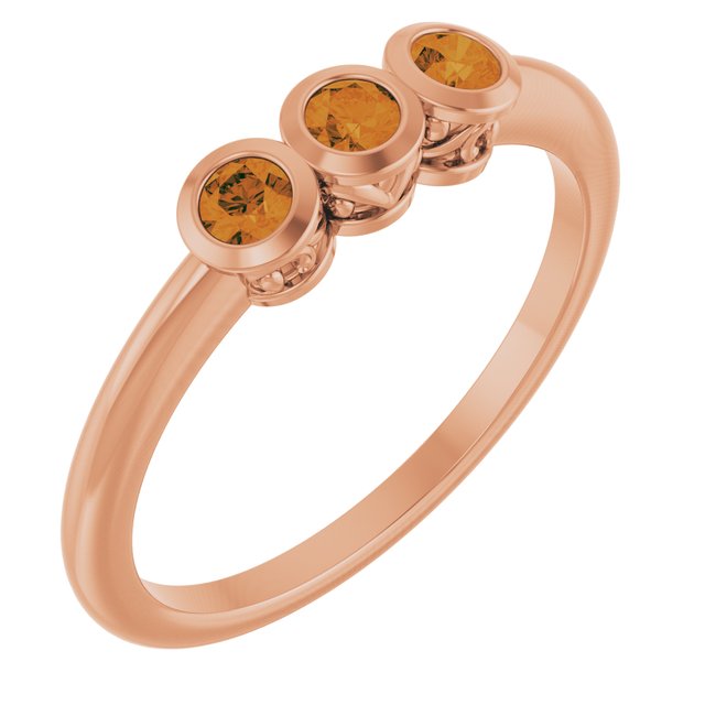 Round Citrine Three Stone Ring in Rose Gold