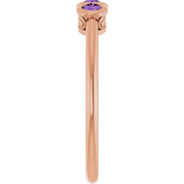 Round Amethyst Three Stone Ring in Rose Gold