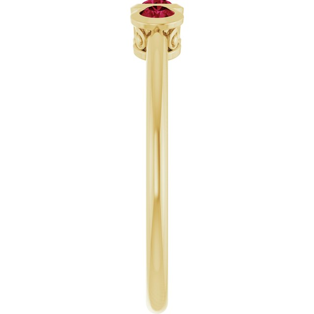 Round Ruby Three Stone Ring in Yellow Gold