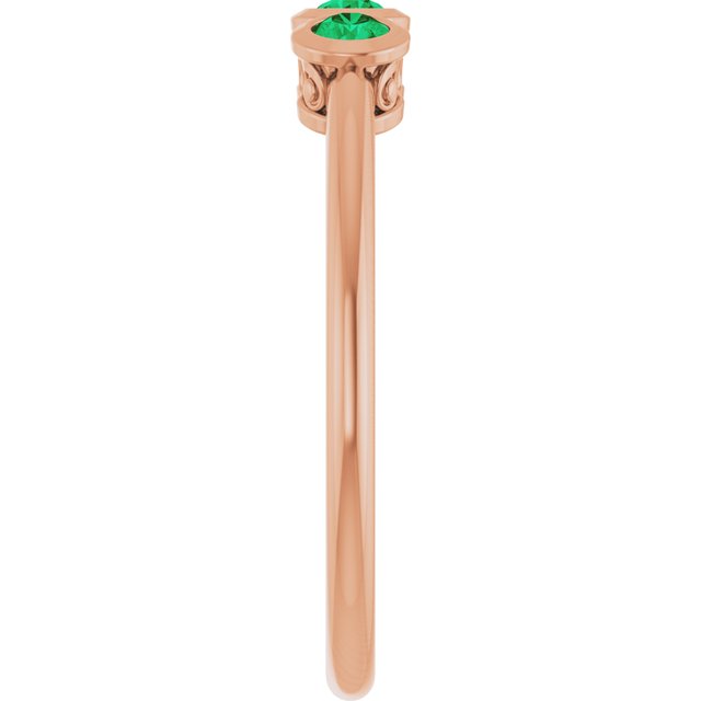 Round Emerald Three Stone Ring in Rose Gold