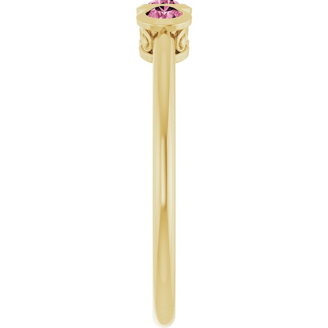 Round Pink Tourmaline Three Stone Ring in Yellow Gold