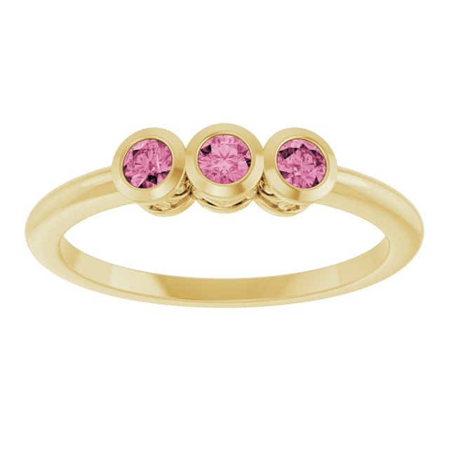 Round Pink Tourmaline Three Stone Ring in Yellow Gold