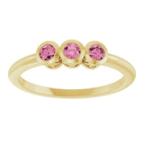 Round Pink Tourmaline Three Stone Ring in Yellow Gold