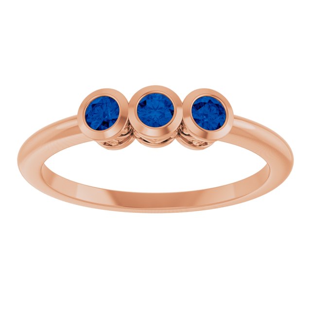Round Blue Sapphire Three Stone Ring in Rose Gold