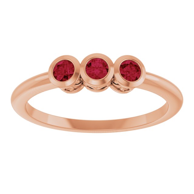 Round Ruby Three Stone Ring in Rose Gold