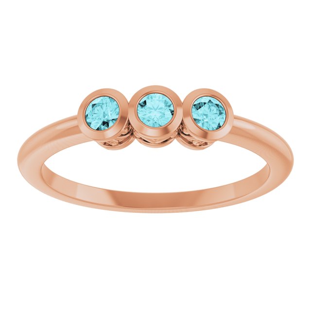 Round Blue Zircon Three Stone Ring in Rose Gold