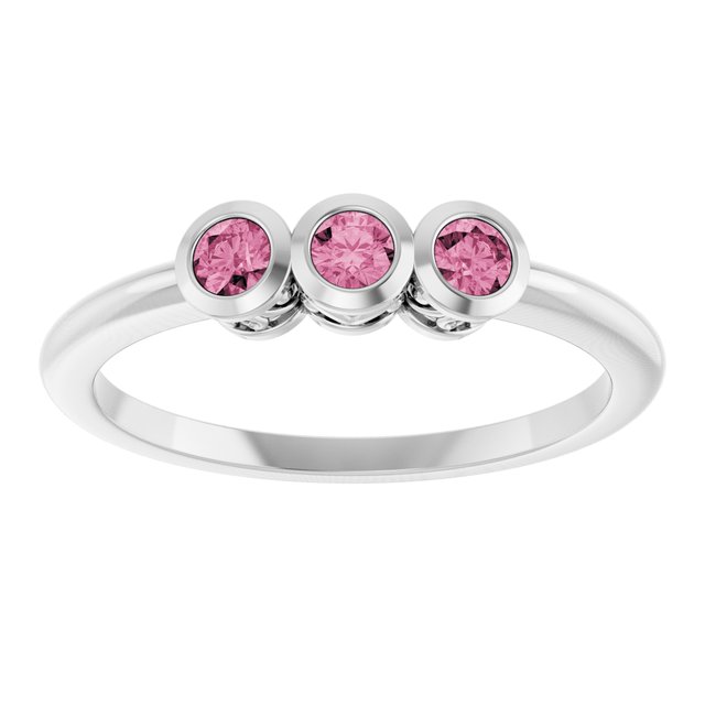 Round Pink Tourmaline Three Stone Ring in Platinum