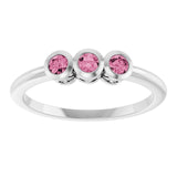 Round Pink Tourmaline Three Stone Ring in Platinum