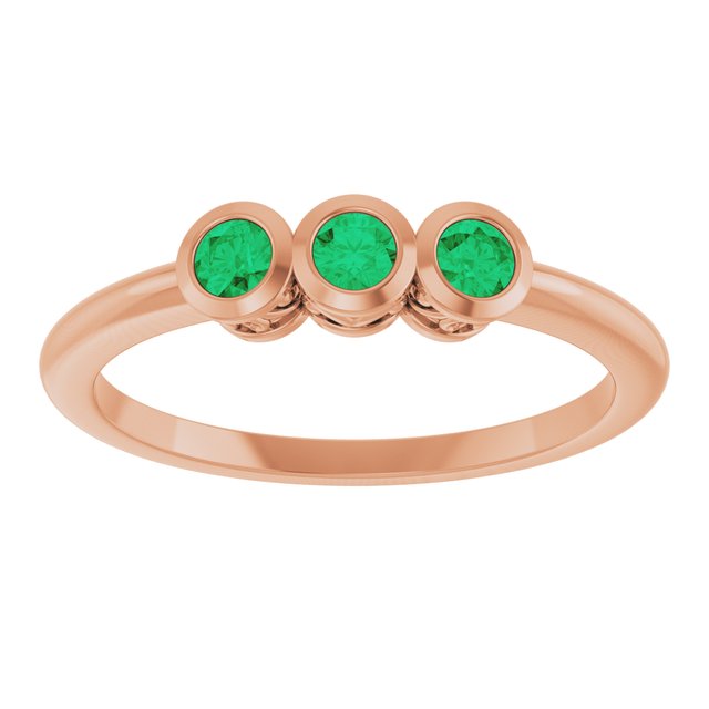 Round Emerald Three Stone Ring in Rose Gold