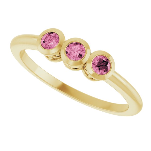 Round Pink Tourmaline Three Stone Ring in Yellow Gold