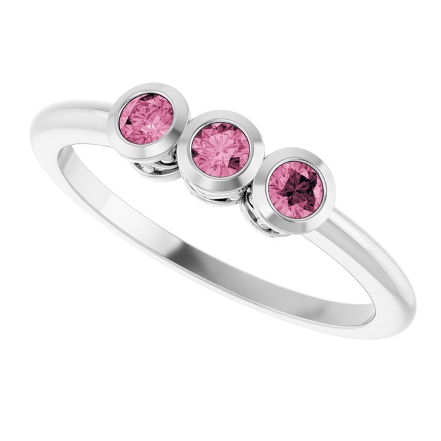Round Pink Tourmaline Three Stone Ring in Platinum