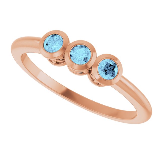 Round Aquamarine Three Stone Ring in Rose Gold