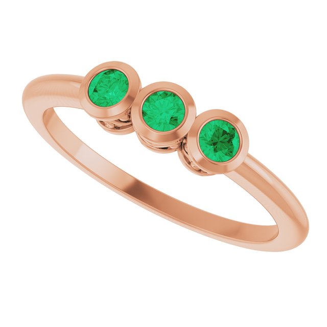 Round Emerald Three Stone Ring in Rose Gold
