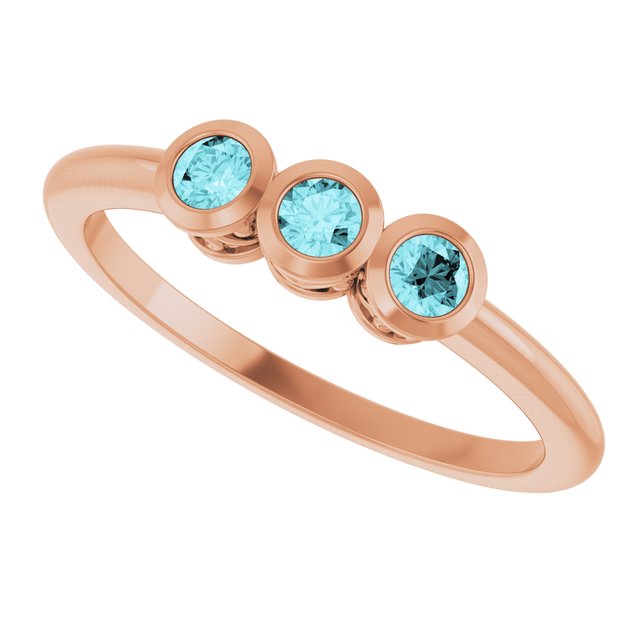 Round Blue Zircon Three Stone Ring in Rose Gold