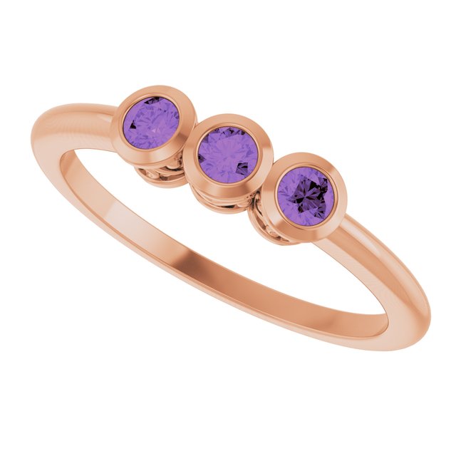Round Amethyst Three Stone Ring in Rose Gold