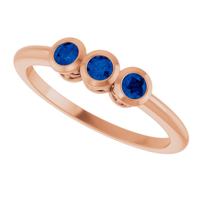 Round Blue Sapphire Three Stone Ring in Rose Gold