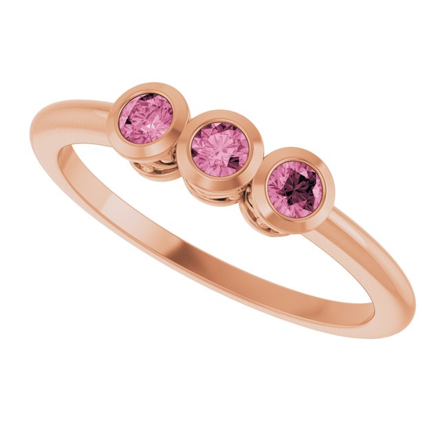 Round Pink Tourmaline Three Stone Ring in Rose Gold