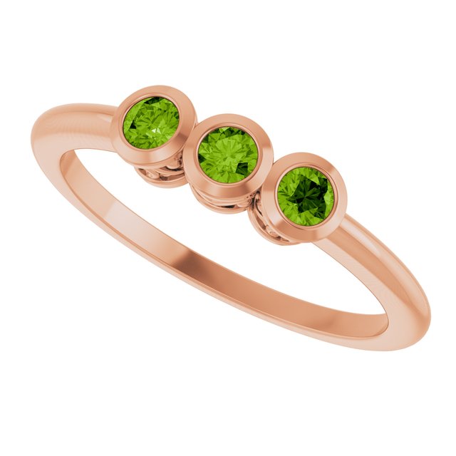 Round Peridot Three Stone Ring in Rose Gold