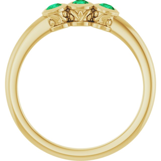 Round Emerald Three Stone Ring in Gold