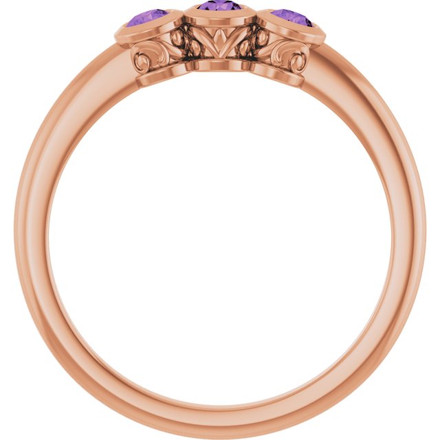 Round Amethyst Three Stone Ring in Rose Gold