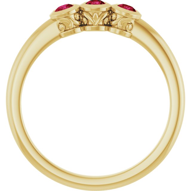 Round Ruby Three Stone Ring in Yellow Gold