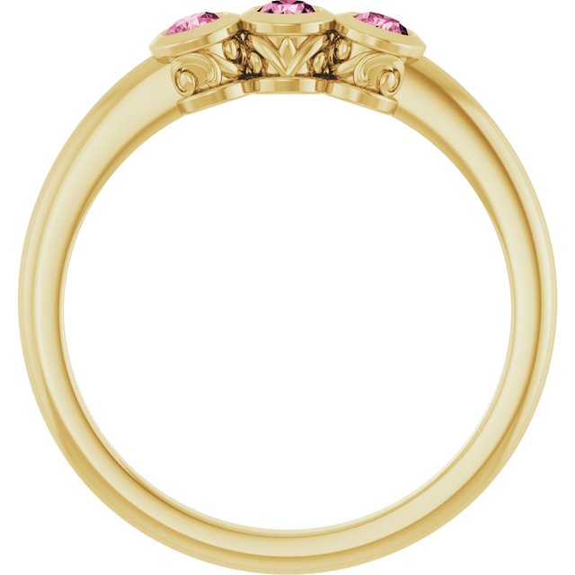 Round Pink Tourmaline Three Stone Ring in Yellow Gold