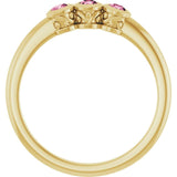Round Pink Tourmaline Three Stone Ring in Yellow Gold
