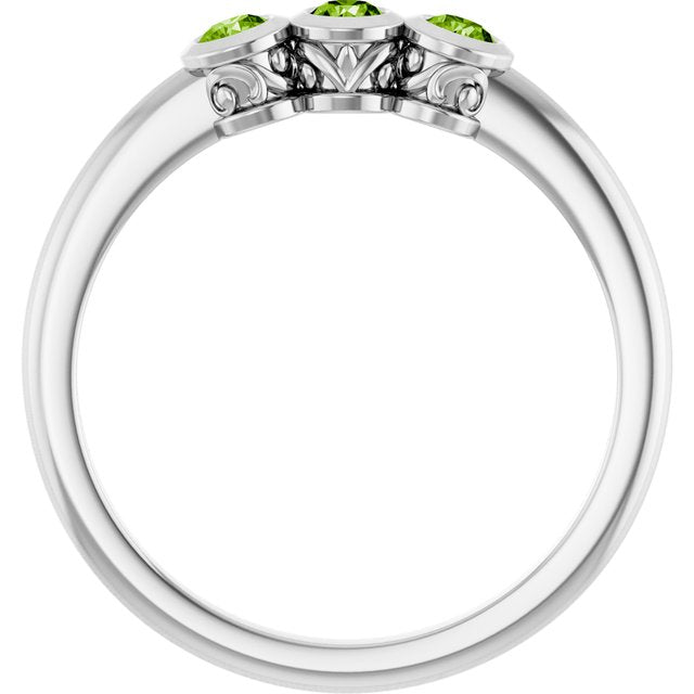 Round Peridot Three Stone Ring in Gold