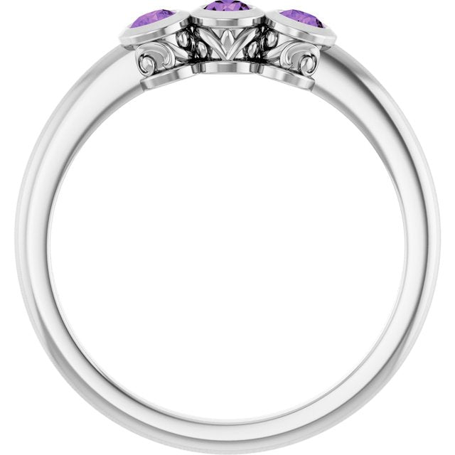 Round Amethyst Three Stone Ring in Platinum