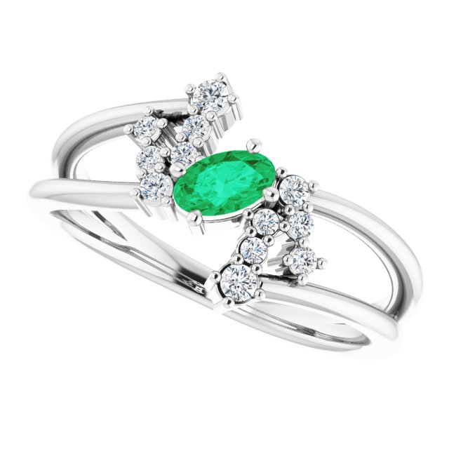 Oval Emerald Accented Ring with Diamond Accents in White Gold