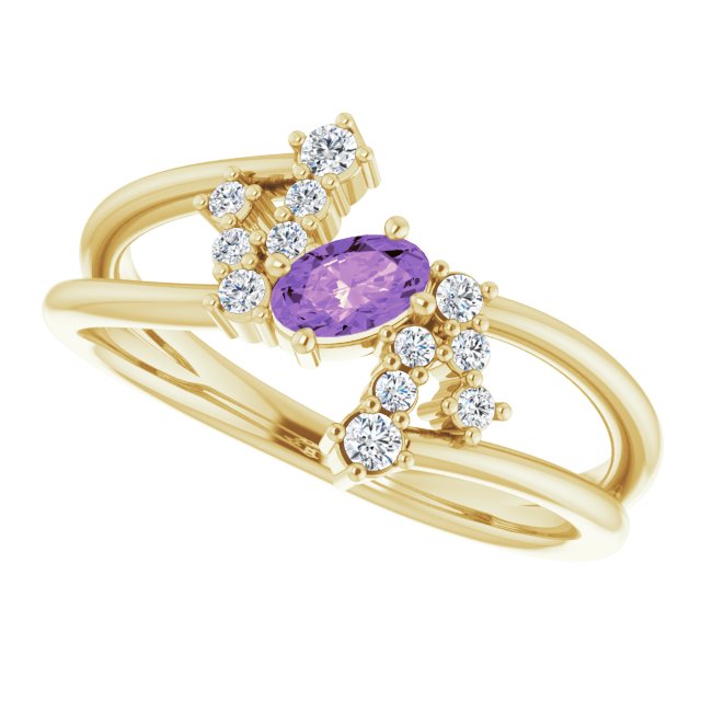Oval Amethyst Accented Ring with Diamond Accents in Yellow Gold