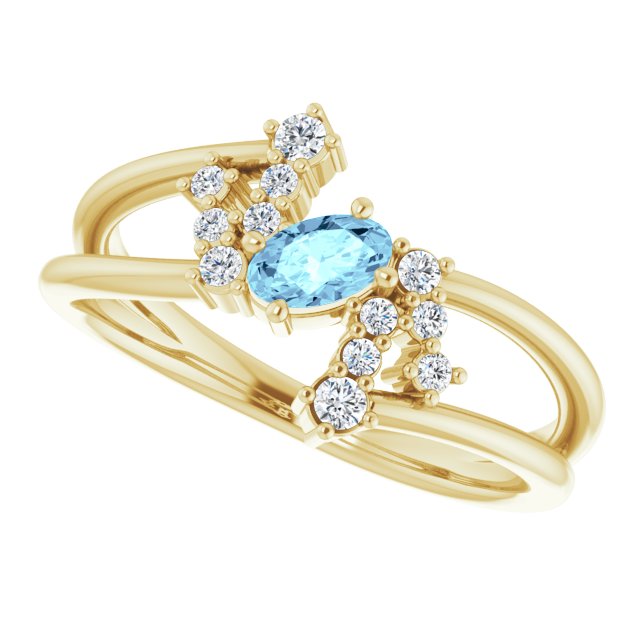 Oval Aquamarine Accented Ring with Diamond Accents in Yellow Gold