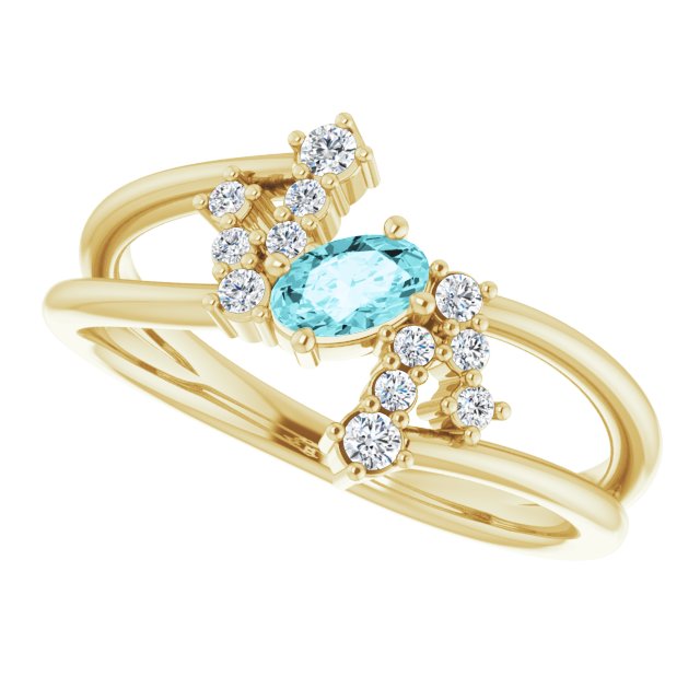 Oval Blue Zircon Accented Ring with Diamond Accents in Yellow Gold