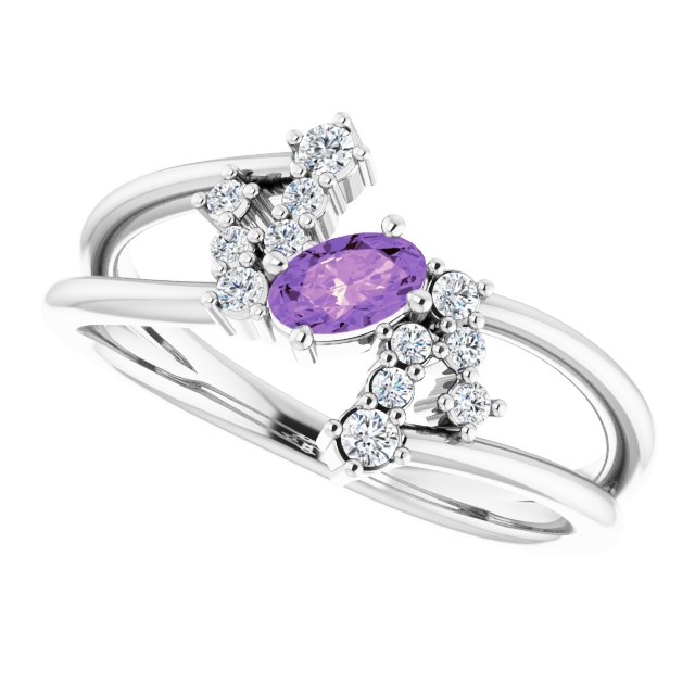 Oval Amethyst Accented Ring with Diamond Accents in White Gold