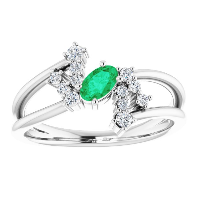 Oval Emerald Accented Ring with Diamond Accents in Platinum
