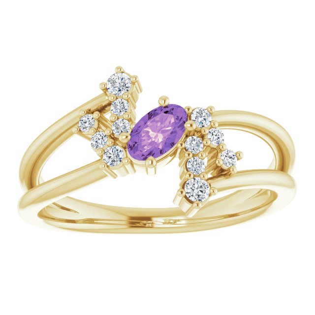 Oval Amethyst Accented Ring with Diamond Accents in Yellow Gold