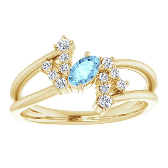 Oval Aquamarine Accented Ring with Diamond Accents in Yellow Gold