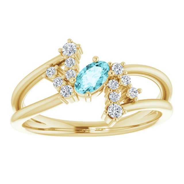 Oval Blue Zircon Accented Ring with Diamond Accents in Yellow Gold