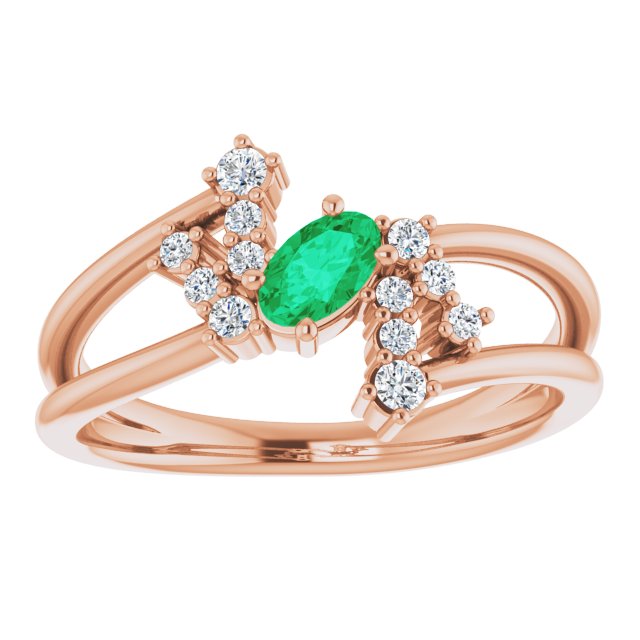 Oval Emerald Accented Ring with Diamond Accents in Rose Gold