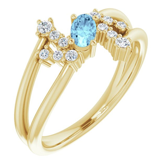 Oval Aquamarine Accented Ring with Diamond Accents in Yellow Gold