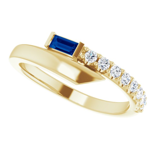 Straight Baguette Blue Sapphire & Diamond Ring in Yellow Gold