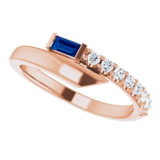 Straight Baguette Blue Sapphire & Diamond Ring in Rose Gold