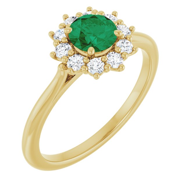 Round Lab-Grown Emerald & Diamond Halo Ring in Yellow Gold