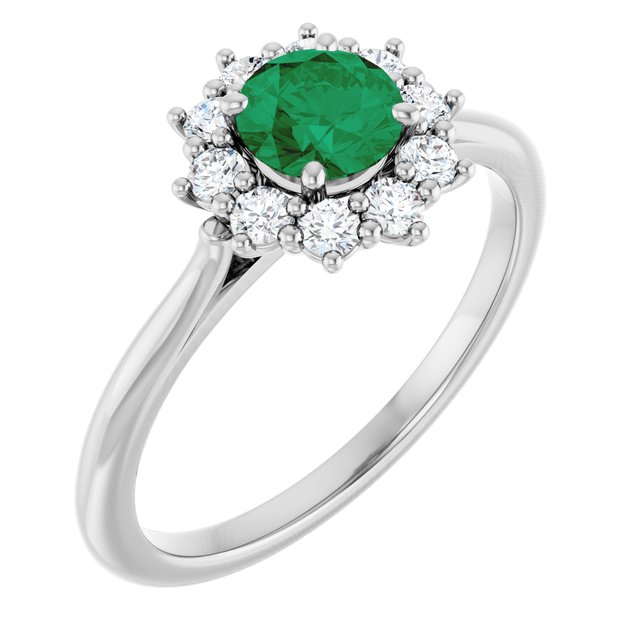 Round Lab-Grown Emerald Halo Ring with Diamond Accents in Platinum